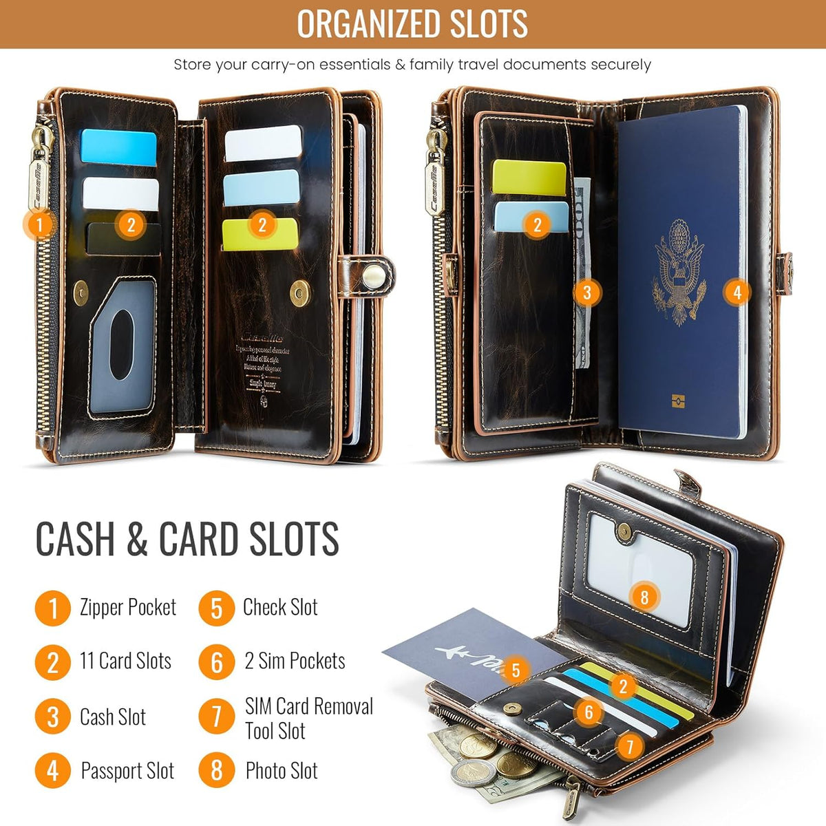 Passport Holder Wallet, 12 Card Slots RFID Blocking Travel Organizer, Zippered Coin Pocket & Detachable Wrist Strap Secure AMagnetic Closure Passport Case for Men & Women (Black)