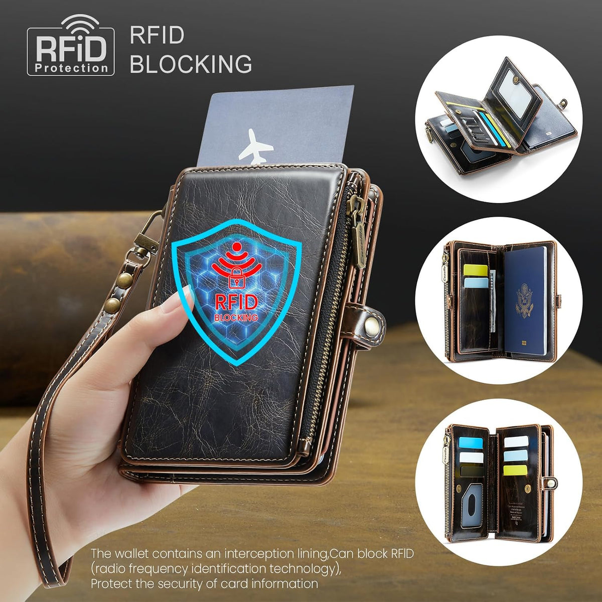 Passport Holder Wallet, 12 Card Slots RFID Blocking Travel Organizer, Zippered Coin Pocket & Detachable Wrist Strap Secure AMagnetic Closure Passport Case for Men & Women (Black)