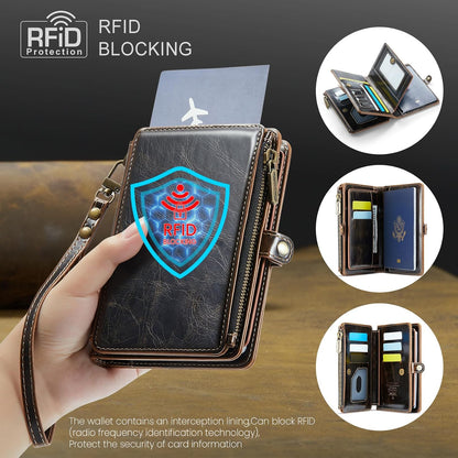 Passport Holder Wallet, 12 Card Slots RFID Blocking Travel Organizer, Zippered Coin Pocket & Detachable Wrist Strap Secure AMagnetic Closure Passport Case for Men & Women (Black)