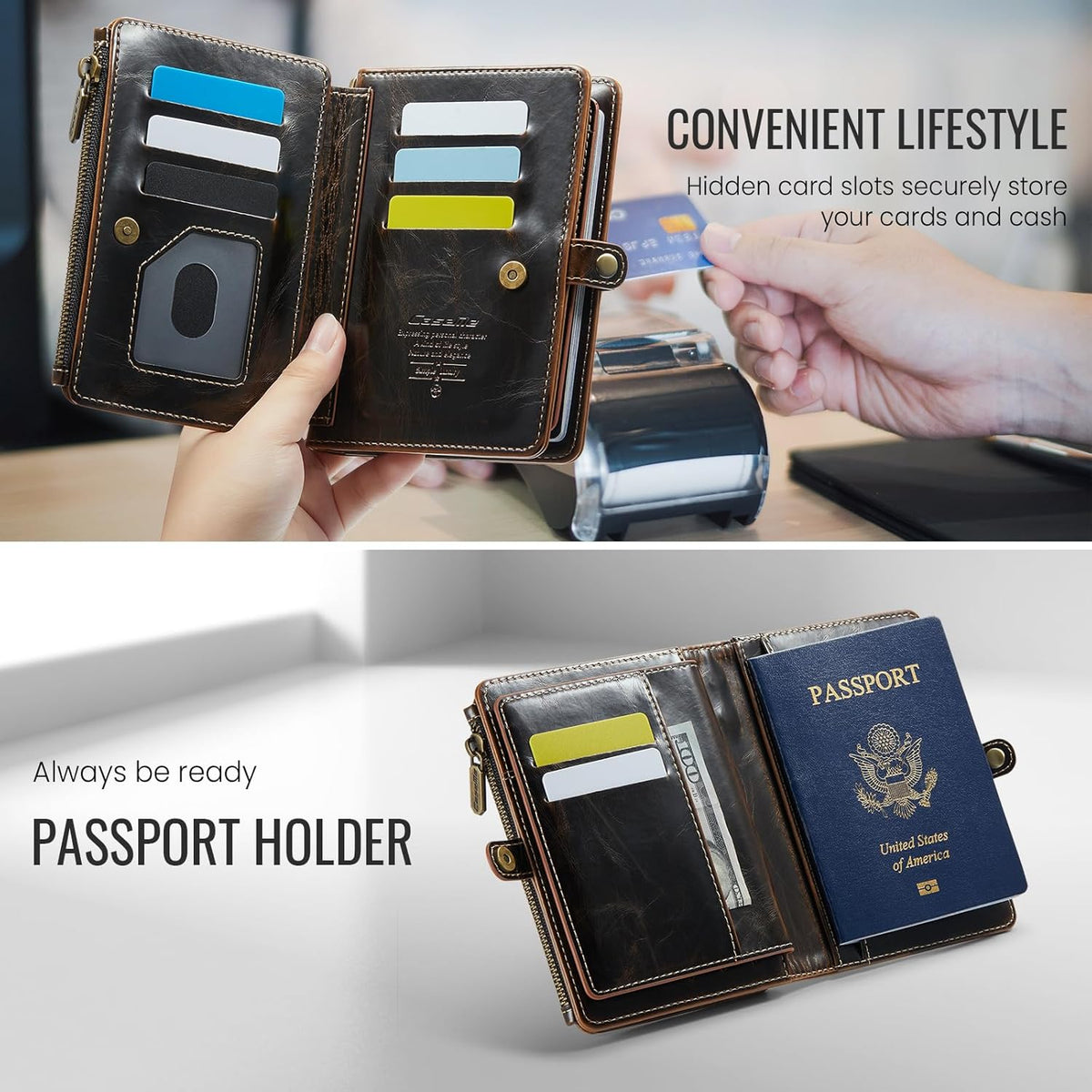 Passport Holder Wallet, 12 Card Slots RFID Blocking Travel Organizer, Zippered Coin Pocket & Detachable Wrist Strap Secure AMagnetic Closure Passport Case for Men & Women (Black)