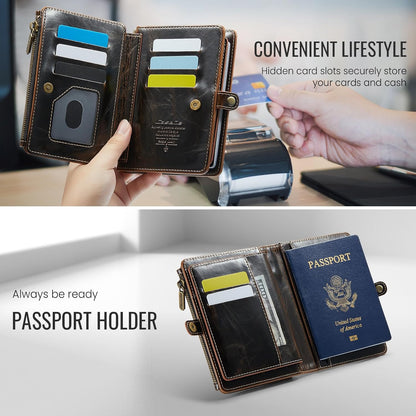 Passport Holder Wallet, 12 Card Slots RFID Blocking Travel Organizer, Zippered Coin Pocket & Detachable Wrist Strap Secure AMagnetic Closure Passport Case for Men & Women (Black)