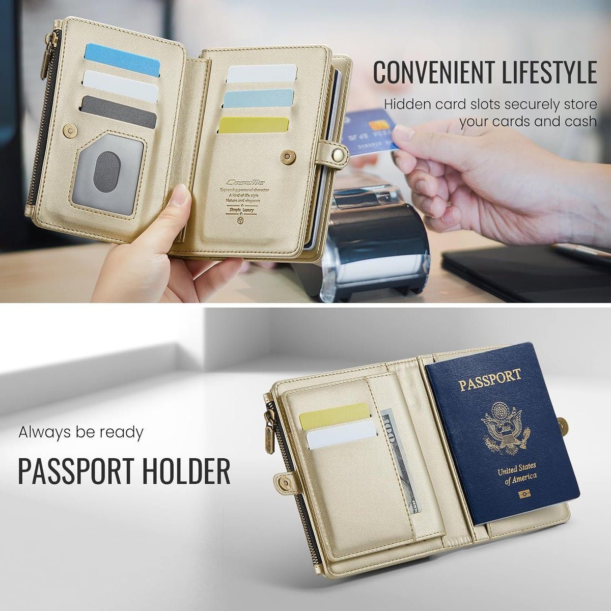 Passport Holder Wallet, 12 Card Slots RFID Blocking Travel Organizer, Zippered Coin Pocket & Detachable Wrist Strap Secure AMagnetic Closure Passport Case for Men & Women (Black)
