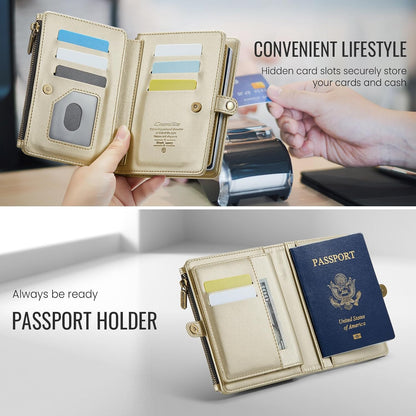 Passport Holder Wallet, 12 Card Slots RFID Blocking Travel Organizer, Zippered Coin Pocket & Detachable Wrist Strap Secure AMagnetic Closure Passport Case for Men & Women (Black)