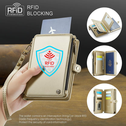 Passport Holder Wallet, 12 Card Slots RFID Blocking Travel Organizer, Zippered Coin Pocket & Detachable Wrist Strap Secure AMagnetic Closure Passport Case for Men & Women (Black)