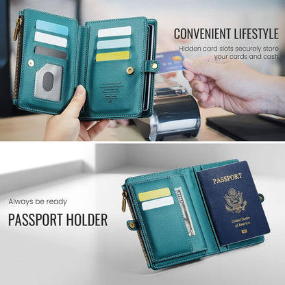 Passport Holder Wallet, 12 Card Slots RFID Blocking Travel Organizer, Zippered Coin Pocket & Detachable Wrist Strap Secure AMagnetic Closure Passport Case for Men & Women (Black)