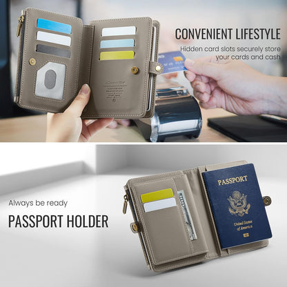 Passport Holder Wallet, 12 Card Slots RFID Blocking Travel Organizer, Zippered Coin Pocket & Detachable Wrist Strap Secure AMagnetic Closure Passport Case for Men & Women (Black)