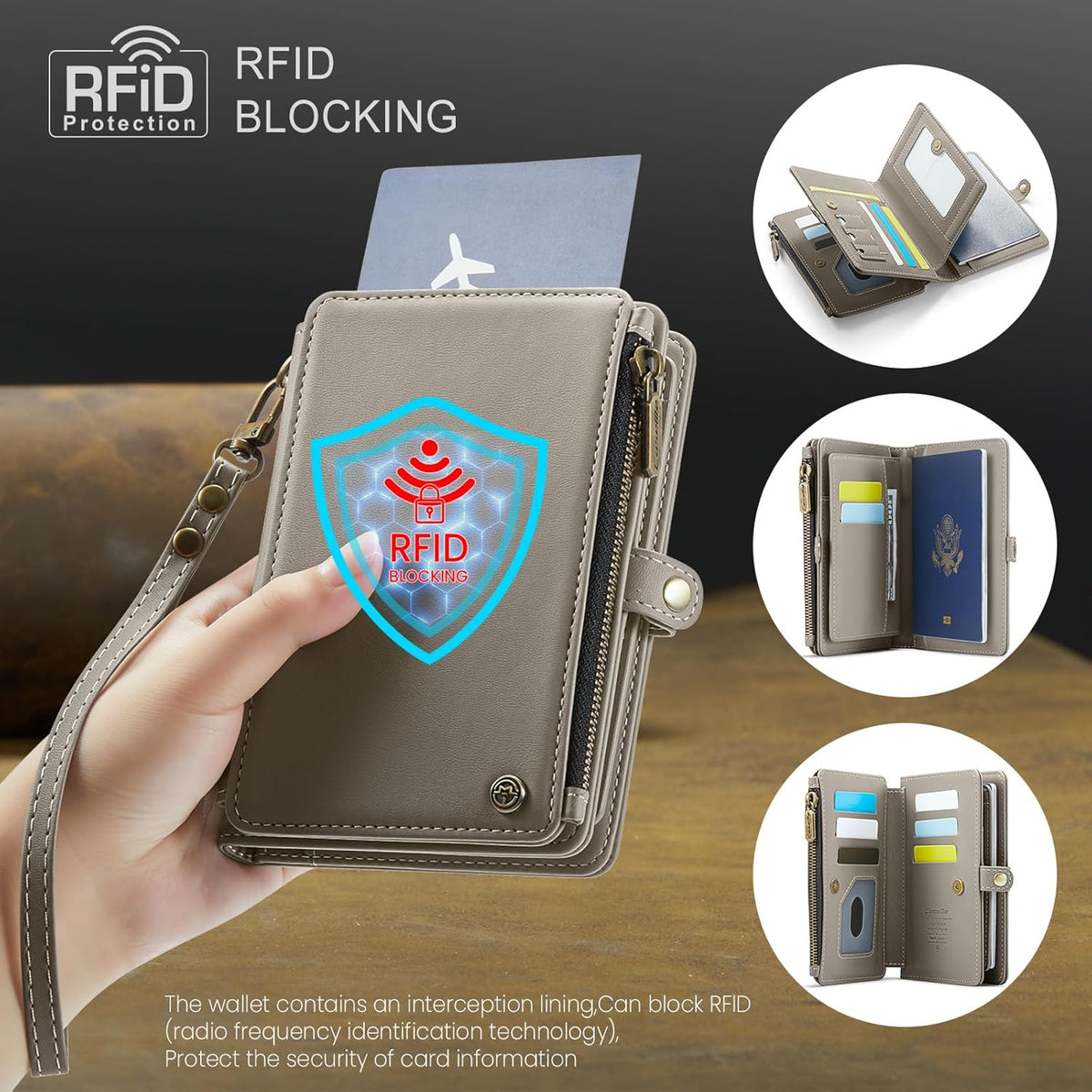 Passport Holder Wallet, 12 Card Slots RFID Blocking Travel Organizer, Zippered Coin Pocket & Detachable Wrist Strap Secure AMagnetic Closure Passport Case for Men & Women (Black)