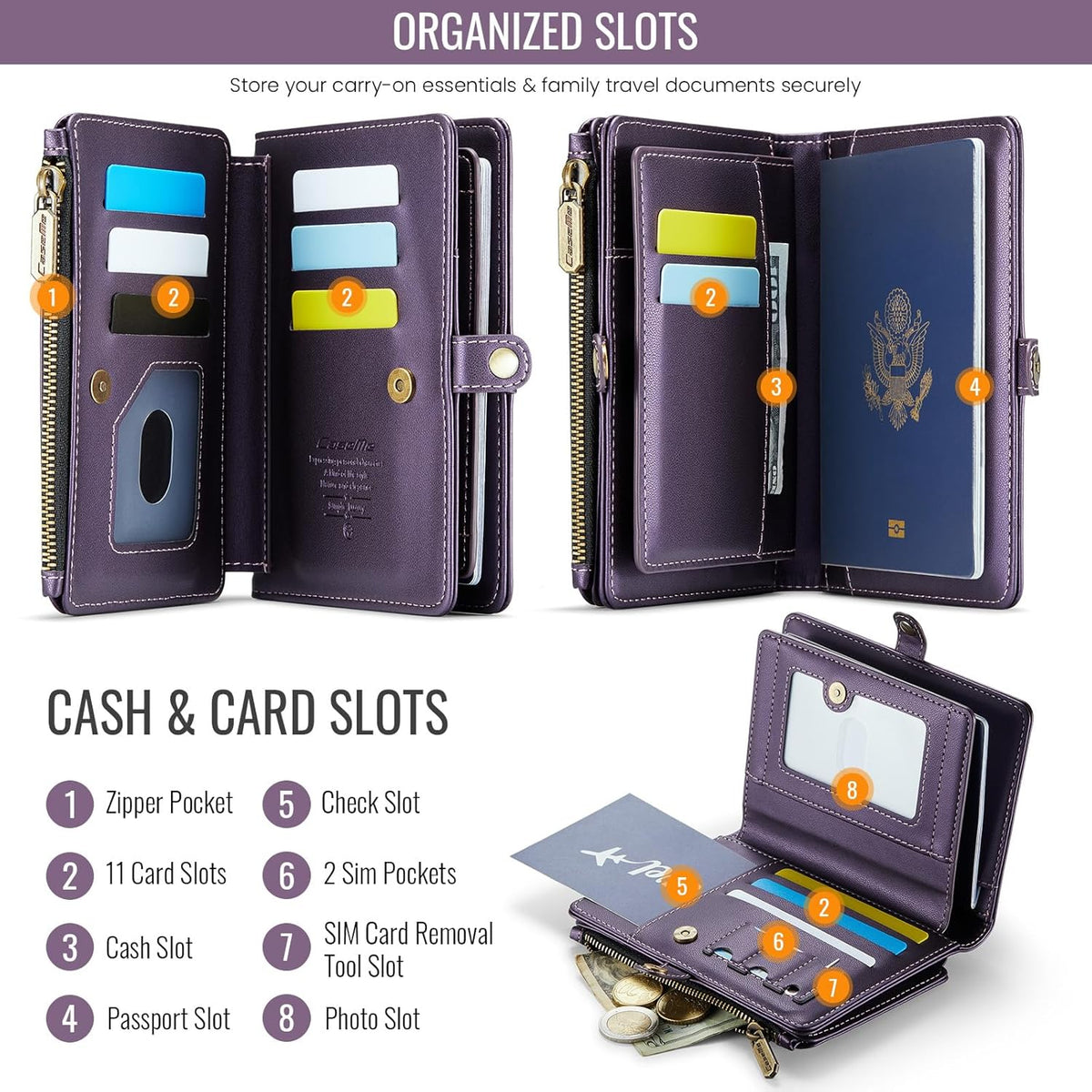 Passport Holder Wallet, 12 Card Slots RFID Blocking Travel Organizer, Zippered Coin Pocket & Detachable Wrist Strap Secure AMagnetic Closure Passport Case for Men & Women (Black)