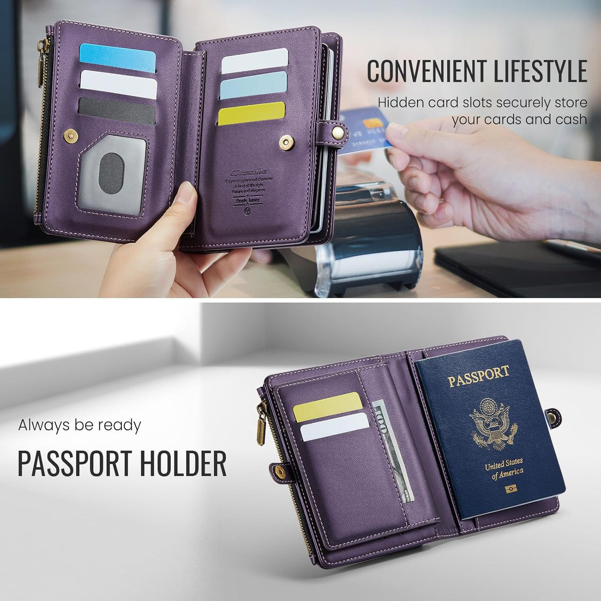Passport Holder Wallet, 12 Card Slots RFID Blocking Travel Organizer, Zippered Coin Pocket & Detachable Wrist Strap Secure AMagnetic Closure Passport Case for Men & Women (Black)