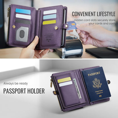 Passport Holder Wallet, 12 Card Slots RFID Blocking Travel Organizer, Zippered Coin Pocket & Detachable Wrist Strap Secure AMagnetic Closure Passport Case for Men & Women (Black)
