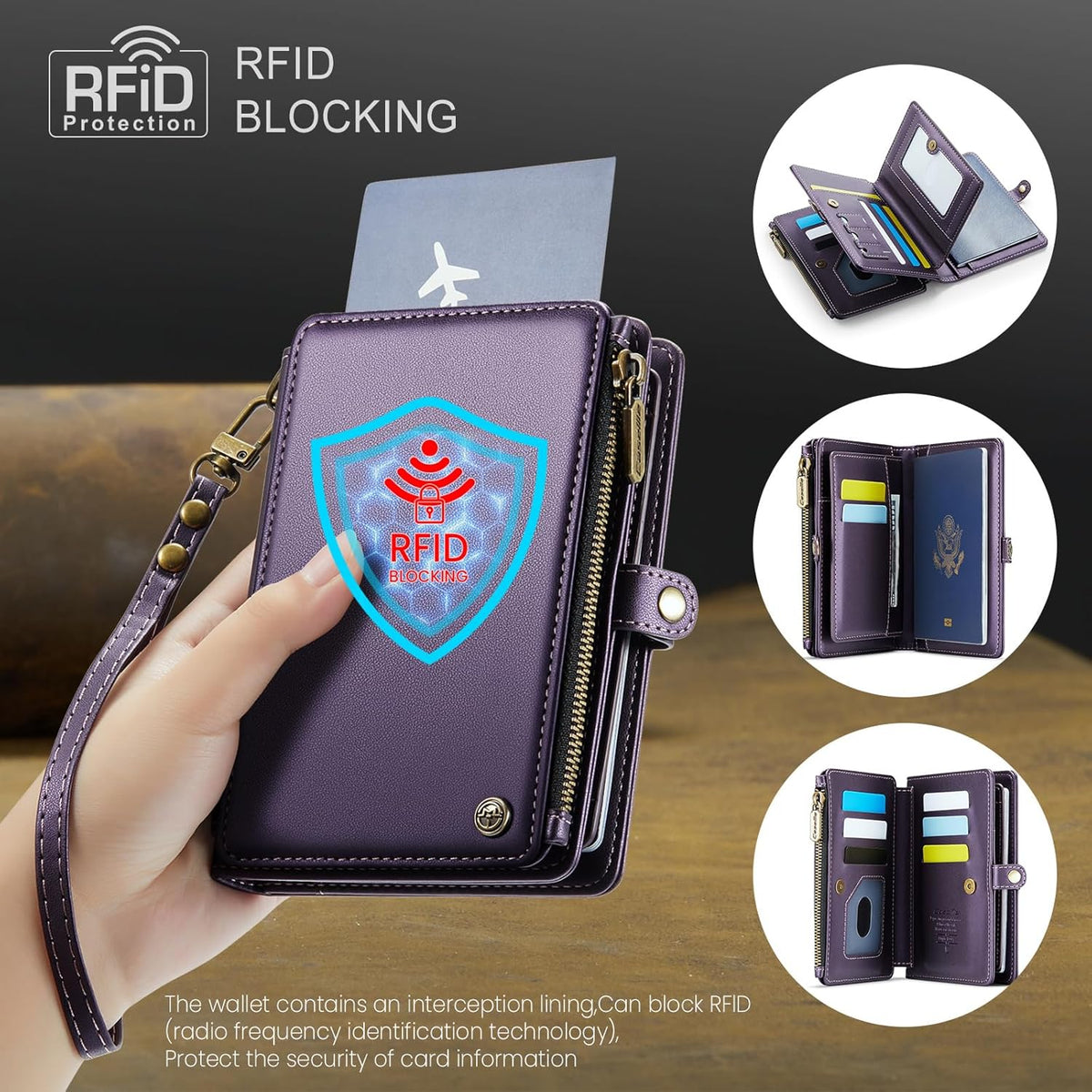 Passport Holder Wallet, 12 Card Slots RFID Blocking Travel Organizer, Zippered Coin Pocket & Detachable Wrist Strap Secure AMagnetic Closure Passport Case for Men & Women (Black)