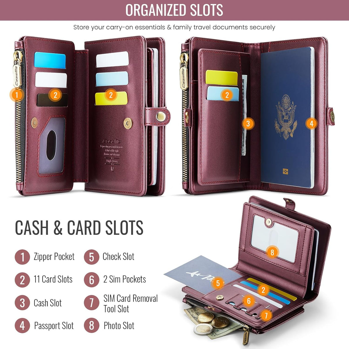 Passport Holder Wallet, 12 Card Slots RFID Blocking Travel Organizer, Zippered Coin Pocket & Detachable Wrist Strap Secure AMagnetic Closure Passport Case for Men & Women (Black)