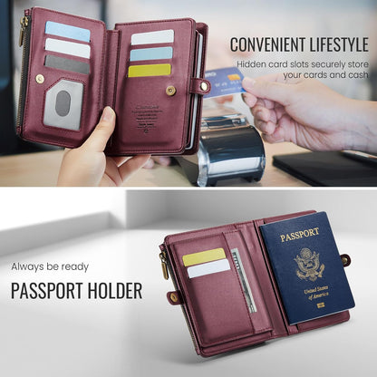 Passport Holder Wallet, 12 Card Slots RFID Blocking Travel Organizer, Zippered Coin Pocket & Detachable Wrist Strap Secure AMagnetic Closure Passport Case for Men & Women (Black)