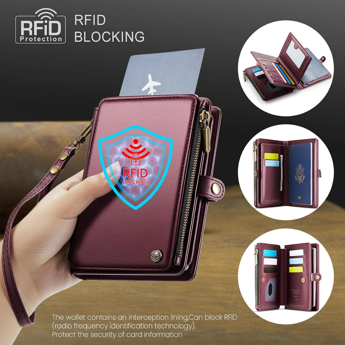 Passport Holder Wallet, 12 Card Slots RFID Blocking Travel Organizer, Zippered Coin Pocket & Detachable Wrist Strap Secure AMagnetic Closure Passport Case for Men & Women (Black)