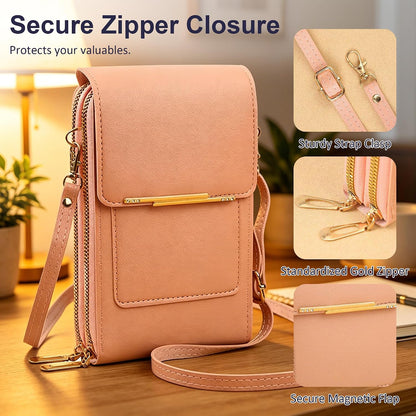 Phone Purse Crossbody Bags for Women, Small Touch Screen Travel Wallet, Anti Theft Leather Messenger Bag