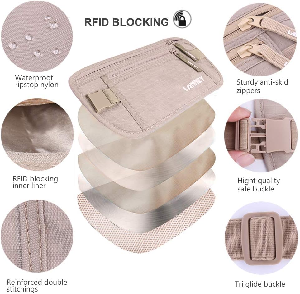 Money Belt for Travel, Slim RFID Blocking Women and Men Hidden Travel Pouch Under Clothes, Passport Holder Protect Cash, Documents, Credit Card, Bonus 2 RFID Sleeves