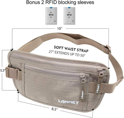 Money Belt for Travel, Slim RFID Blocking Women and Men Hidden Travel Pouch Under Clothes, Passport Holder Protect Cash, Documents, Credit Card, Bonus 2 RFID Sleeves