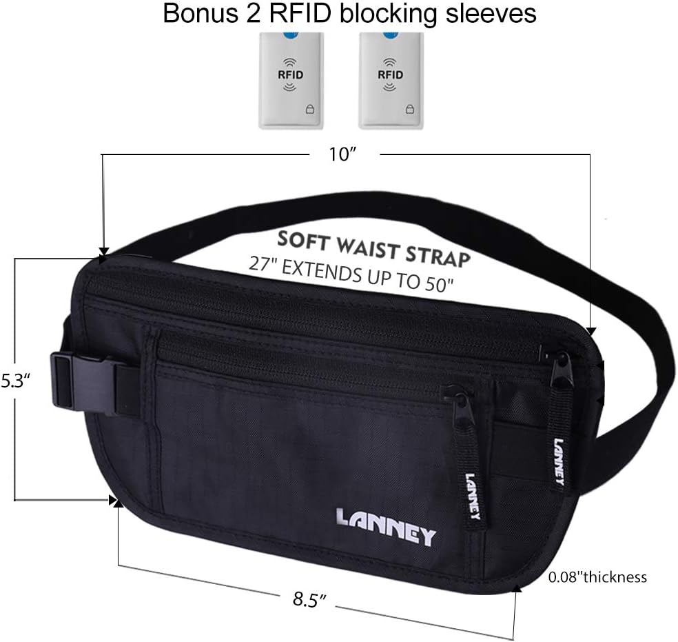 Money Belt for Travel, Slim RFID Blocking Women and Men Hidden Travel Pouch Under Clothes, Passport Holder Protect Cash, Documents, Credit Card, Bonus 2 RFID Sleeves