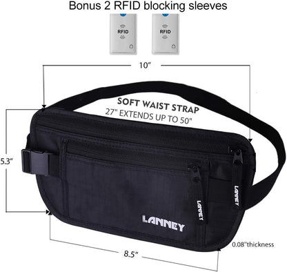 Money Belt for Travel, Slim RFID Blocking Women and Men Hidden Travel Pouch Under Clothes, Passport Holder Protect Cash, Documents, Credit Card, Bonus 2 RFID Sleeves