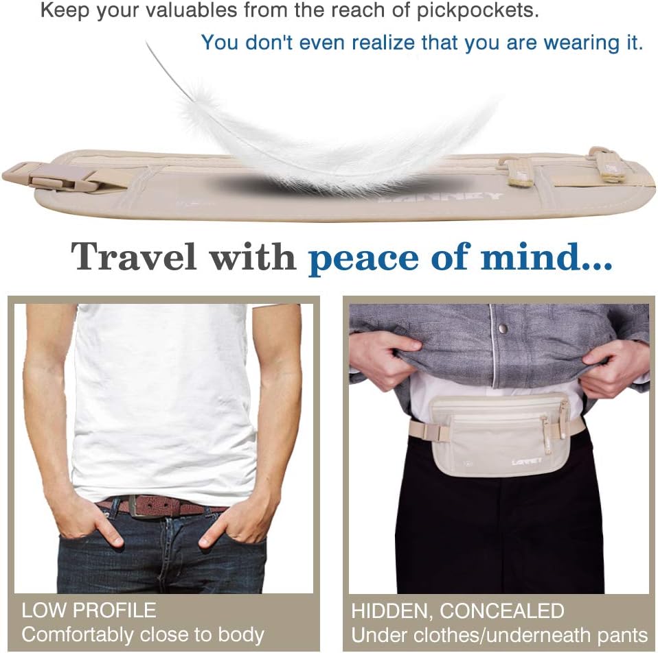 Money Belt for Travel, Slim RFID Blocking Women and Men Hidden Travel Pouch Under Clothes, Passport Holder Protect Cash, Documents, Credit Card, Bonus 2 RFID Sleeves