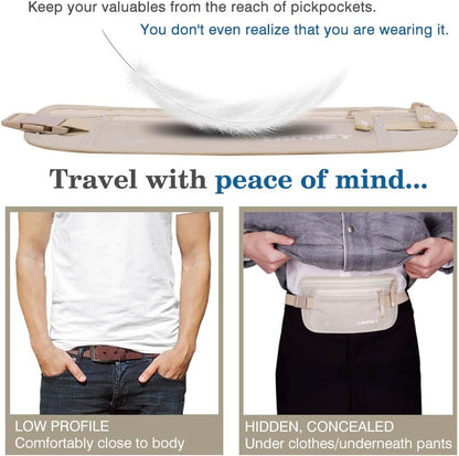 Money Belt for Travel, Slim RFID Blocking Women and Men Hidden Travel Pouch Under Clothes, Passport Holder Protect Cash, Documents, Credit Card, Bonus 2 RFID Sleeves