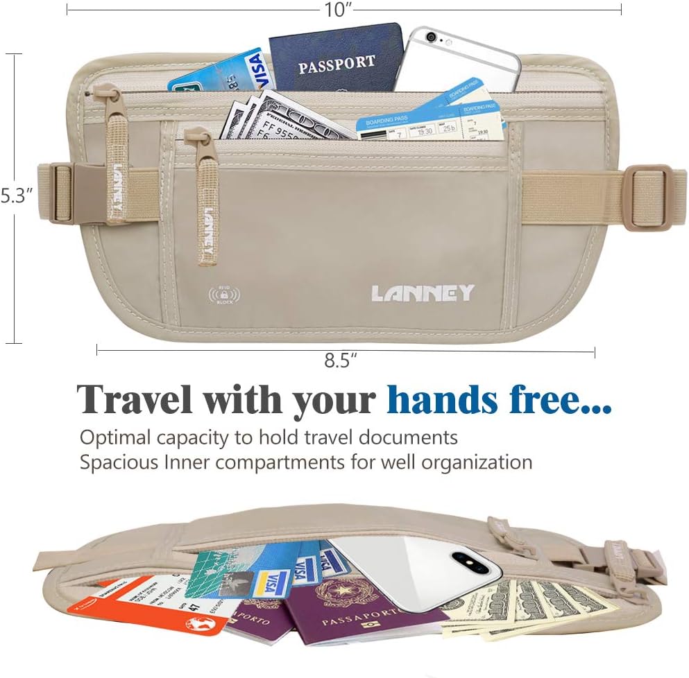 Money Belt for Travel, Slim RFID Blocking Women and Men Hidden Travel Pouch Under Clothes, Passport Holder Protect Cash, Documents, Credit Card, Bonus 2 RFID Sleeves