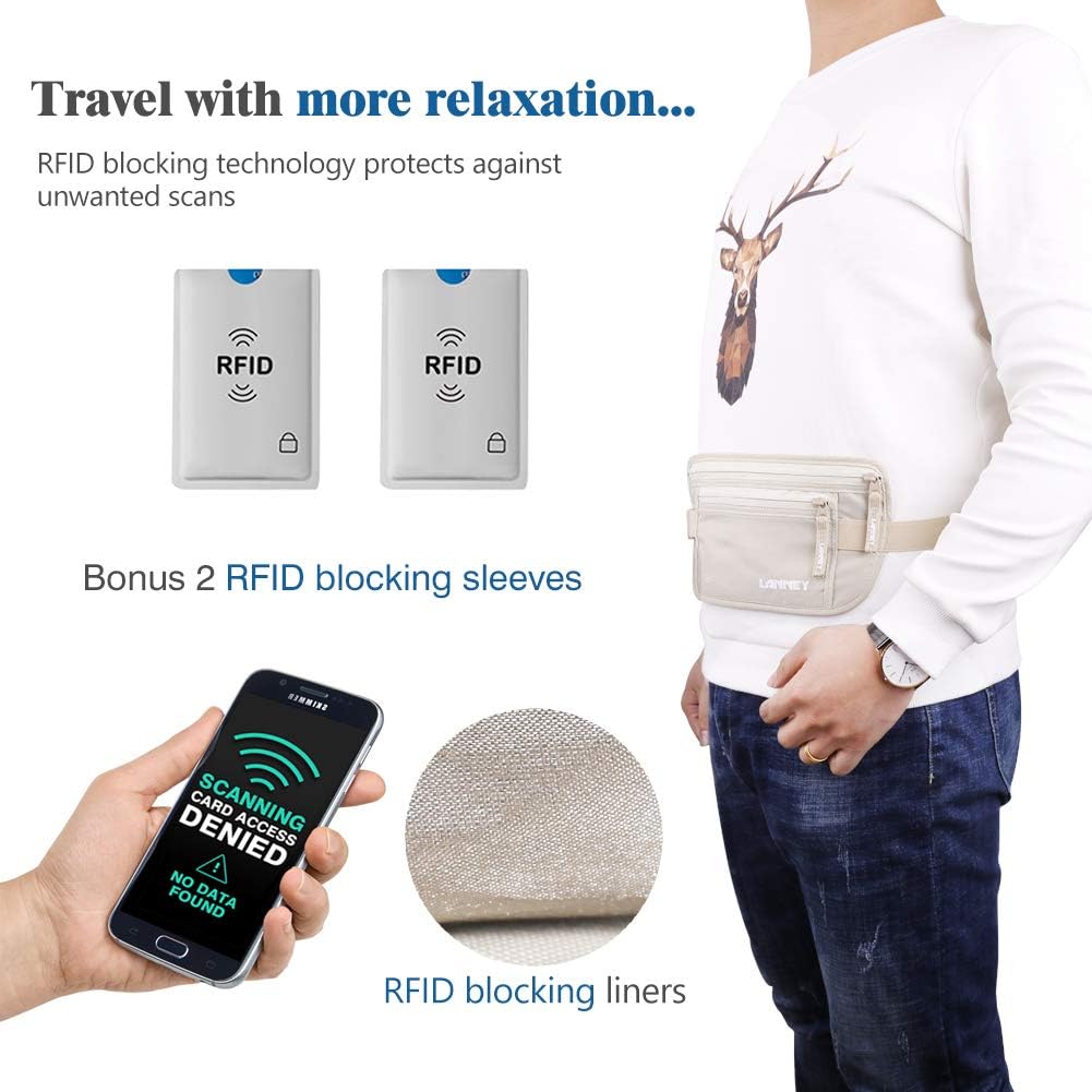Money Belt for Travel, Slim RFID Blocking Women and Men Hidden Travel Pouch Under Clothes, Passport Holder Protect Cash, Documents, Credit Card, Bonus 2 RFID Sleeves