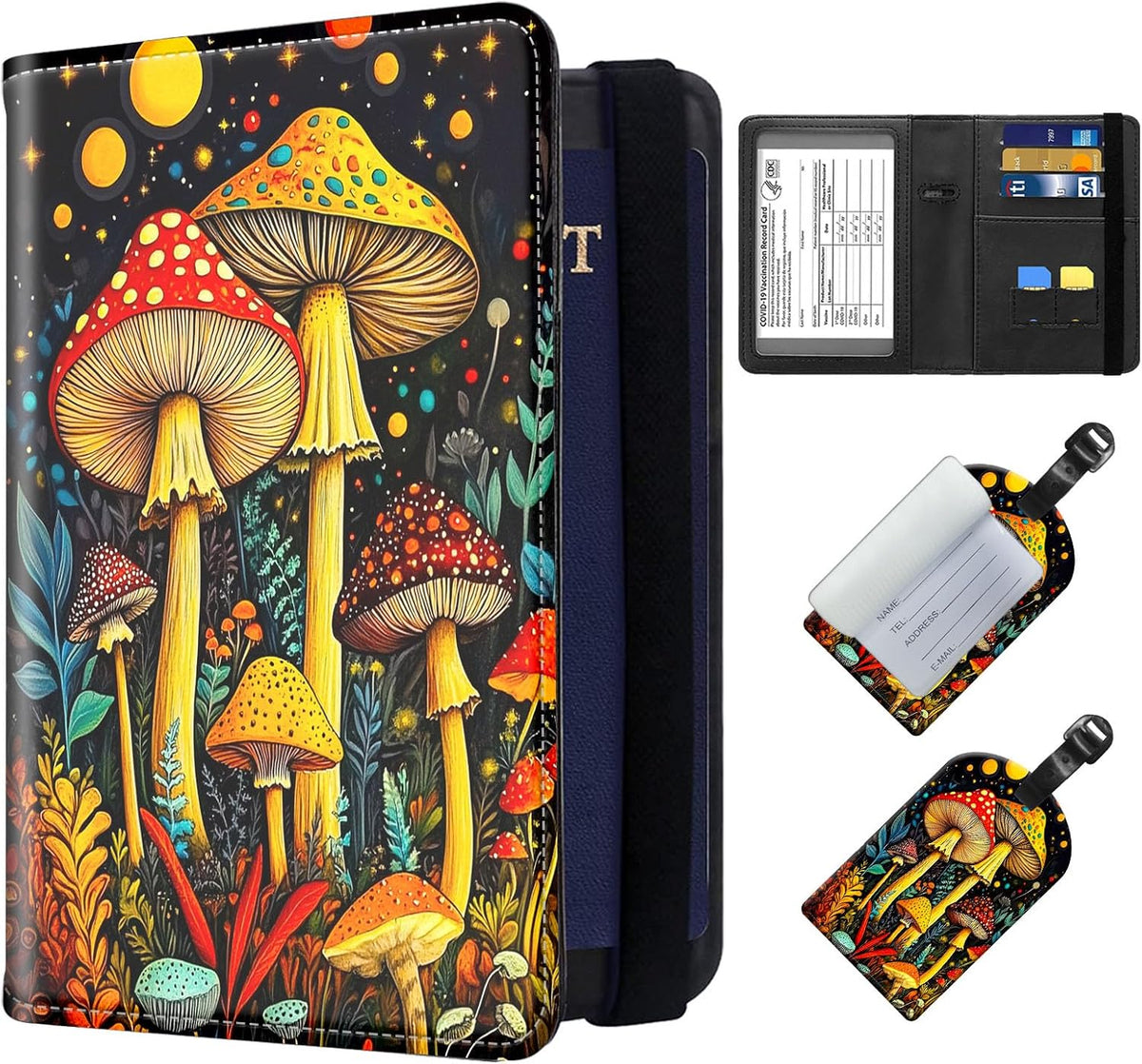 Exquisite Passport Holder for Travel Accessory, Leather Passport Cover with Space for Documents and Family Photos, Skeleton Dressed in Hippie Travel Passport Wallet for Women and Men