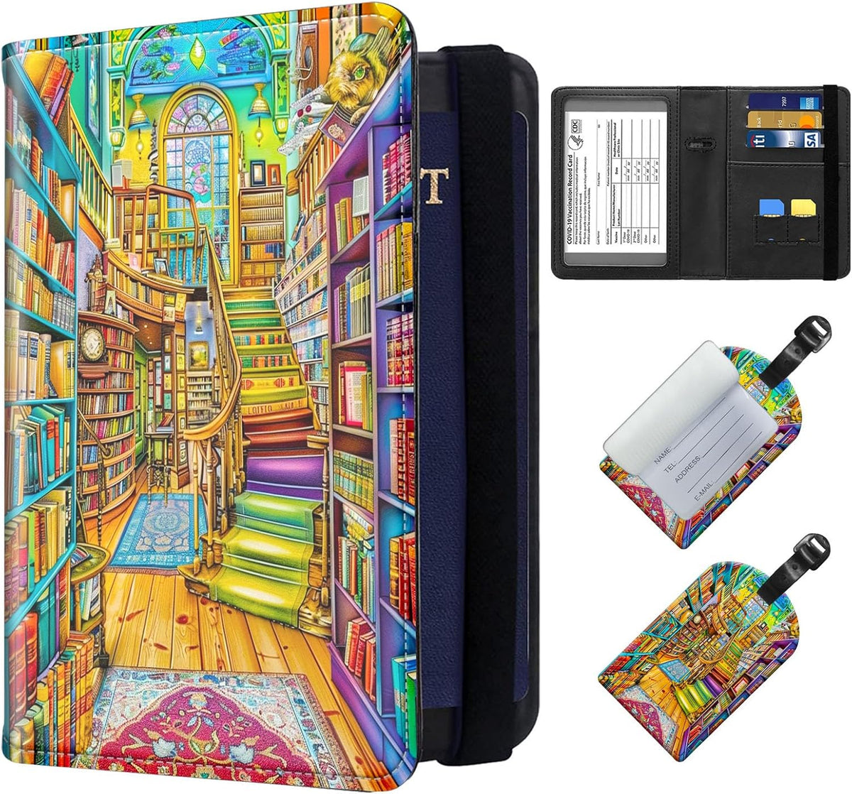 Exquisite Passport Holder for Travel Accessory, Leather Passport Cover with Space for Documents and Family Photos, Skeleton Dressed in Hippie Travel Passport Wallet for Women and Men