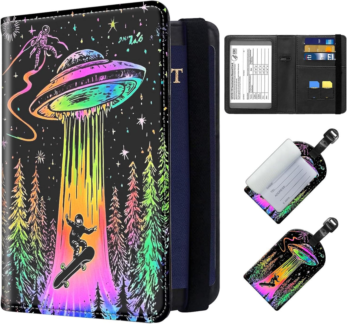 Exquisite Passport Holder for Travel Accessory, Leather Passport Cover with Space for Documents and Family Photos, Skeleton Dressed in Hippie Travel Passport Wallet for Women and Men