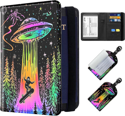 Exquisite Passport Holder for Travel Accessory, Leather Passport Cover with Space for Documents and Family Photos, Skeleton Dressed in Hippie Travel Passport Wallet for Women and Men