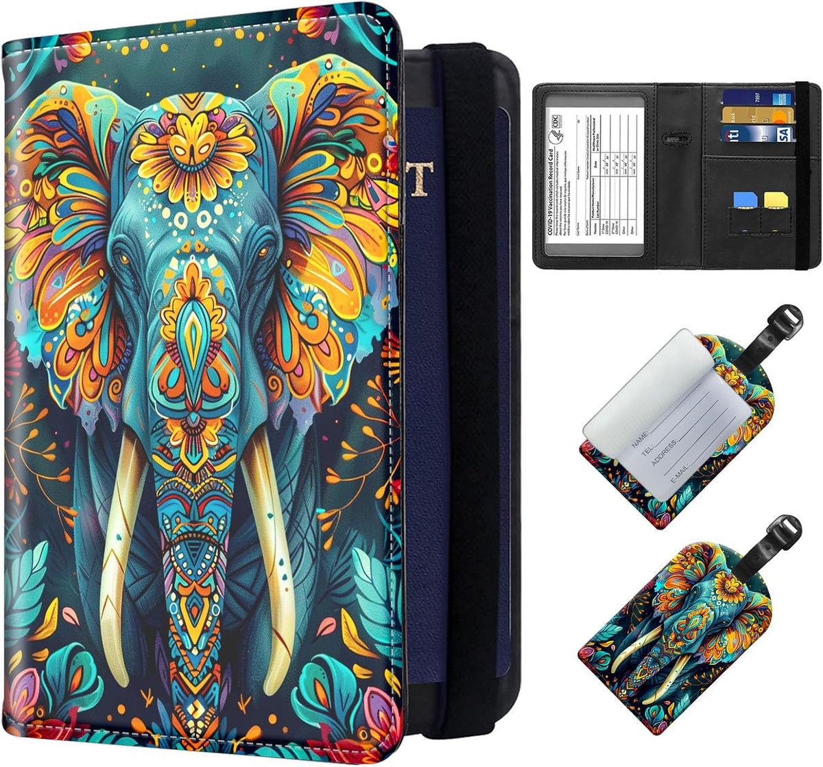 Exquisite Passport Holder for Travel Accessory, Leather Passport Cover with Space for Documents and Family Photos, Skeleton Dressed in Hippie Travel Passport Wallet for Women and Men