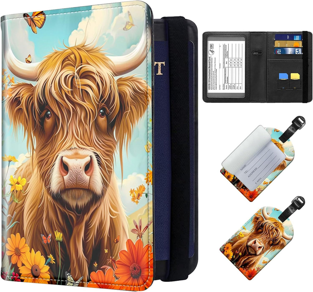 Exquisite Passport Holder for Travel Accessory, Leather Passport Cover with Space for Documents and Family Photos, Skeleton Dressed in Hippie Travel Passport Wallet for Women and Men