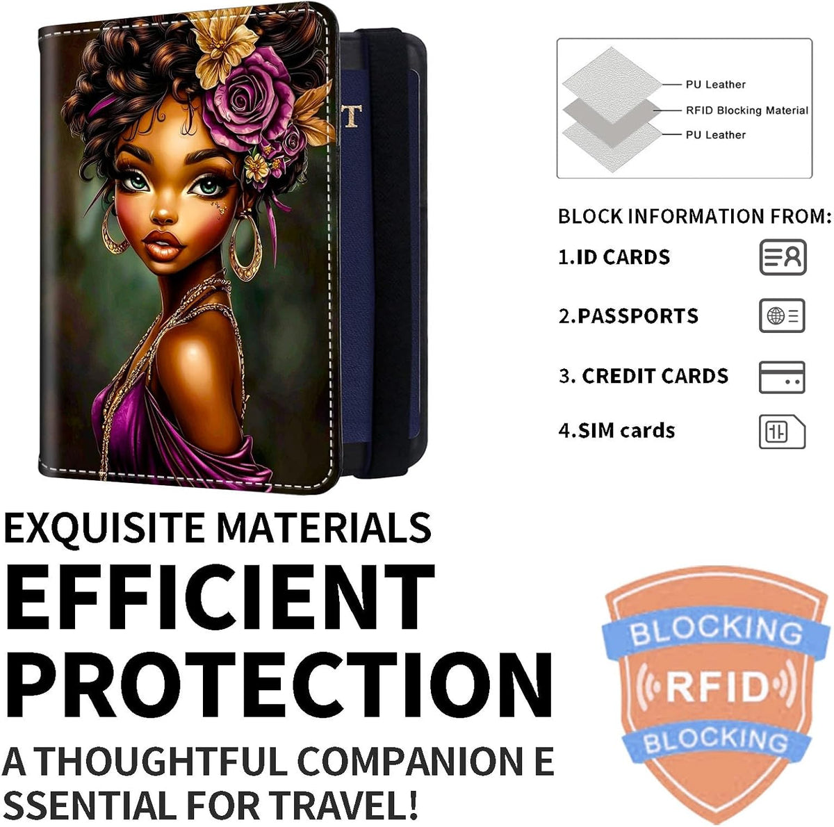 Exquisite Passport Holder for Travel Accessory, Leather Passport Cover with Space for Documents and Family Photos, Skeleton Dressed in Hippie Travel Passport Wallet for Women and Men