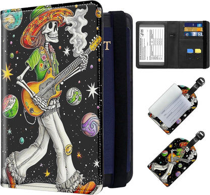 Exquisite Passport Holder for Travel Accessory, Leather Passport Cover with Space for Documents and Family Photos, Skeleton Dressed in Hippie Travel Passport Wallet for Women and Men