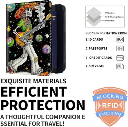 Exquisite Passport Holder for Travel Accessory, Leather Passport Cover with Space for Documents and Family Photos, Skeleton Dressed in Hippie Travel Passport Wallet for Women and Men