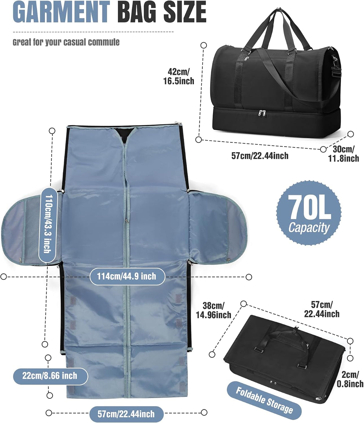 Garment Duffle Bag for Travel, Convertible Duffel Bag with Shoe Compartment | Carry On Overnight Weekender Bags for Women, 2 in 1 Foldable Hanging Clothes Suitcase Suit Bag for Business Trip Peacock Blue