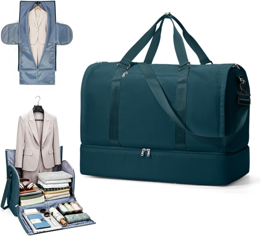 Garment Duffle Bag for Travel, Convertible Duffel Bag with Shoe Compartment | Carry On Overnight Weekender Bags for Women, 2 in 1 Foldable Hanging Clothes Suitcase Suit Bag for Business Trip Peacock Blue