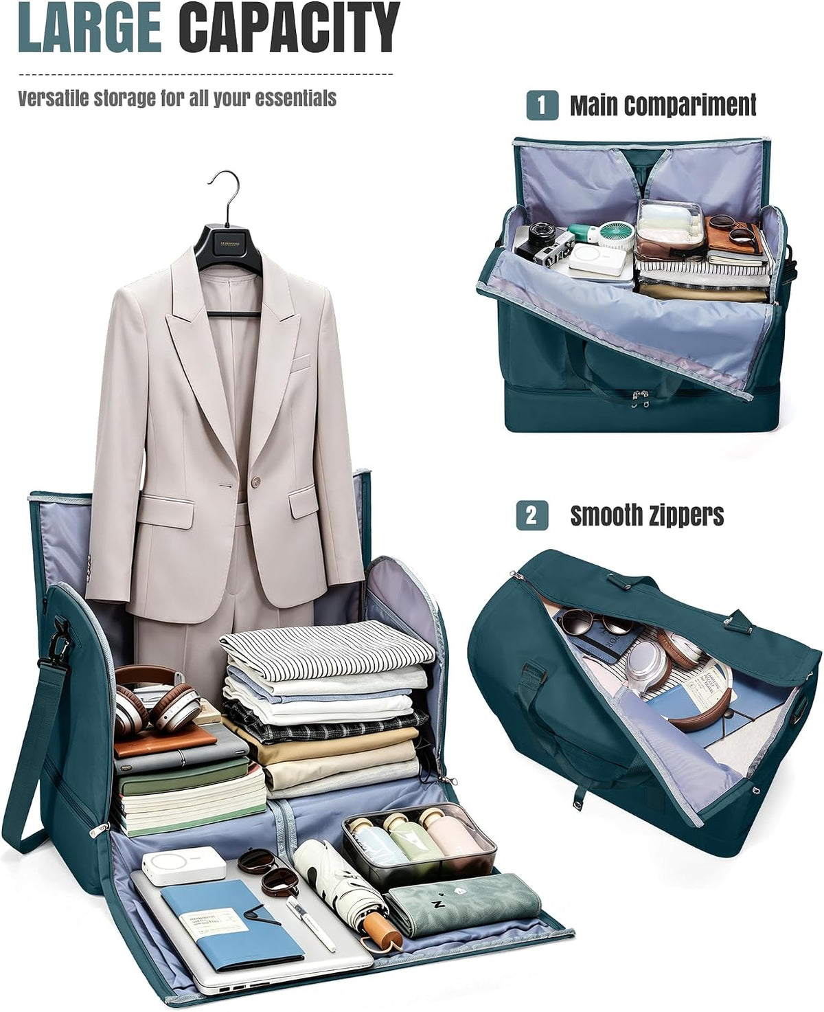 Garment Duffle Bag for Travel, Convertible Duffel Bag with Shoe Compartment | Carry On Overnight Weekender Bags for Women, 2 in 1 Foldable Hanging Clothes Suitcase Suit Bag for Business Trip Peacock Blue