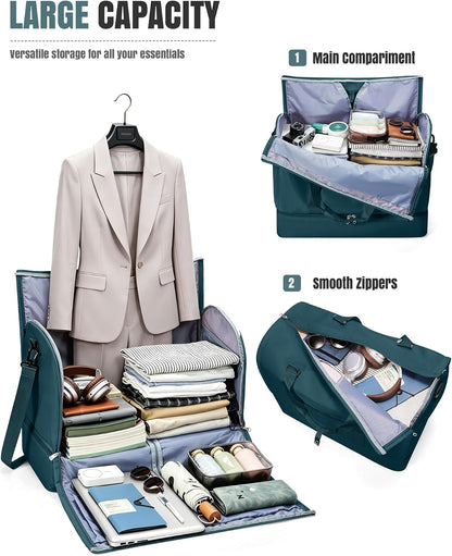 Garment Duffle Bag for Travel, Convertible Duffel Bag with Shoe Compartment | Carry On Overnight Weekender Bags for Women, 2 in 1 Foldable Hanging Clothes Suitcase Suit Bag for Business Trip Peacock Blue