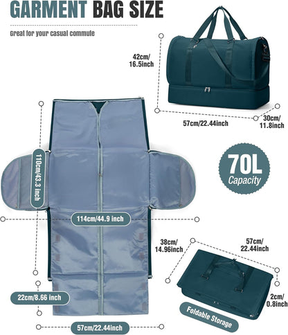 Garment Duffle Bag for Travel, Convertible Duffel Bag with Shoe Compartment | Carry On Overnight Weekender Bags for Women, 2 in 1 Foldable Hanging Clothes Suitcase Suit Bag for Business Trip Peacock Blue