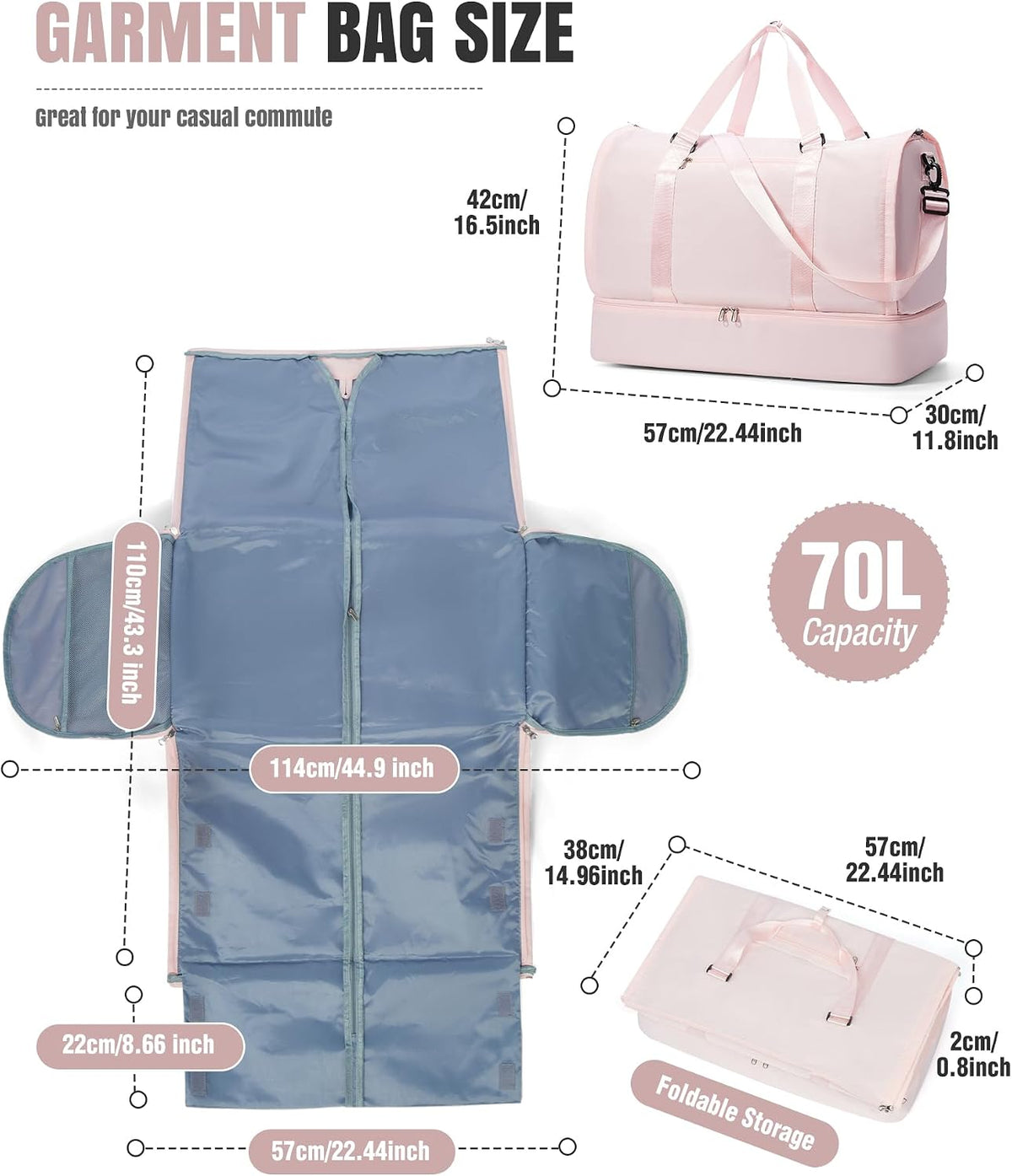 Garment Duffle Bag for Travel, Convertible Duffel Bag with Shoe Compartment | Carry On Overnight Weekender Bags for Women, 2 in 1 Foldable Hanging Clothes Suitcase Suit Bag for Business Trip Peacock Blue