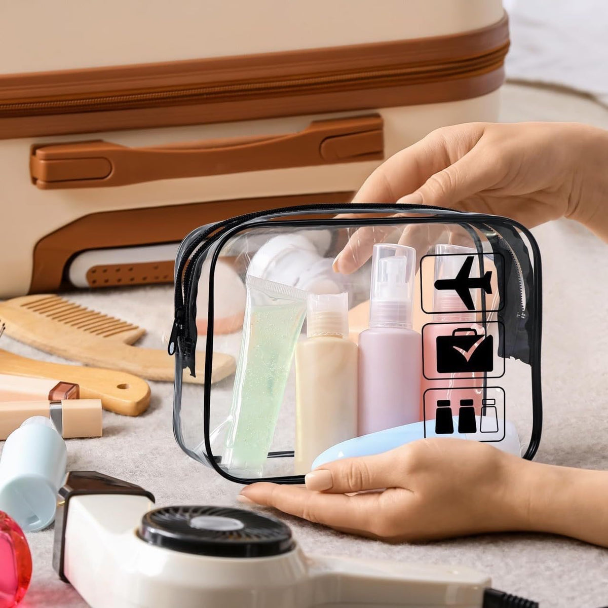 Clear Travel Toiletry Bag, TSA Approved Quart Size PVC Cosmetic Bag, Carry-On Airport Airline Compliant Makeup Organizer for Women Men (Black)