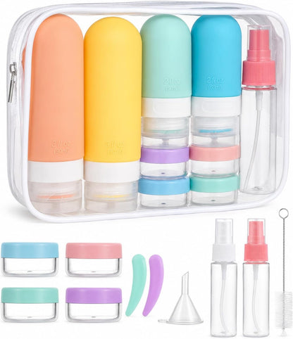 16Pcs Travel Bottles for Toiletries - TSA Approved Travel Bottles Set, Leak Proof Squeezable 3oz Portable Refillable Silicone Travel Bottles for Shampoo, Conditioner, Sprays, Clear Bag (Colorful)