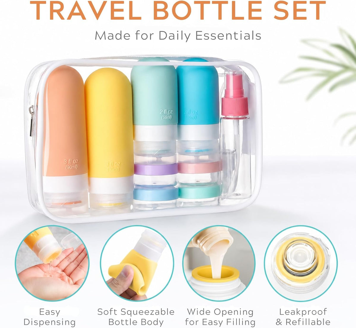 16Pcs Travel Bottles for Toiletries - TSA Approved Travel Bottles Set, Leak Proof Squeezable 3oz Portable Refillable Silicone Travel Bottles for Shampoo, Conditioner, Sprays, Clear Bag (Colorful)
