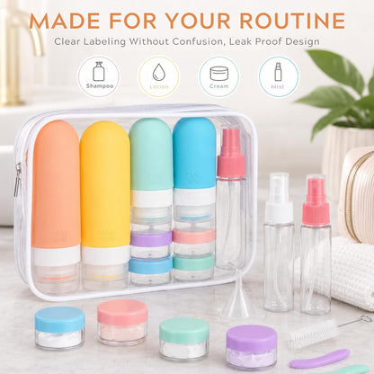 16Pcs Travel Bottles for Toiletries - TSA Approved Travel Bottles Set, Leak Proof Squeezable 3oz Portable Refillable Silicone Travel Bottles for Shampoo, Conditioner, Sprays, Clear Bag (Colorful)