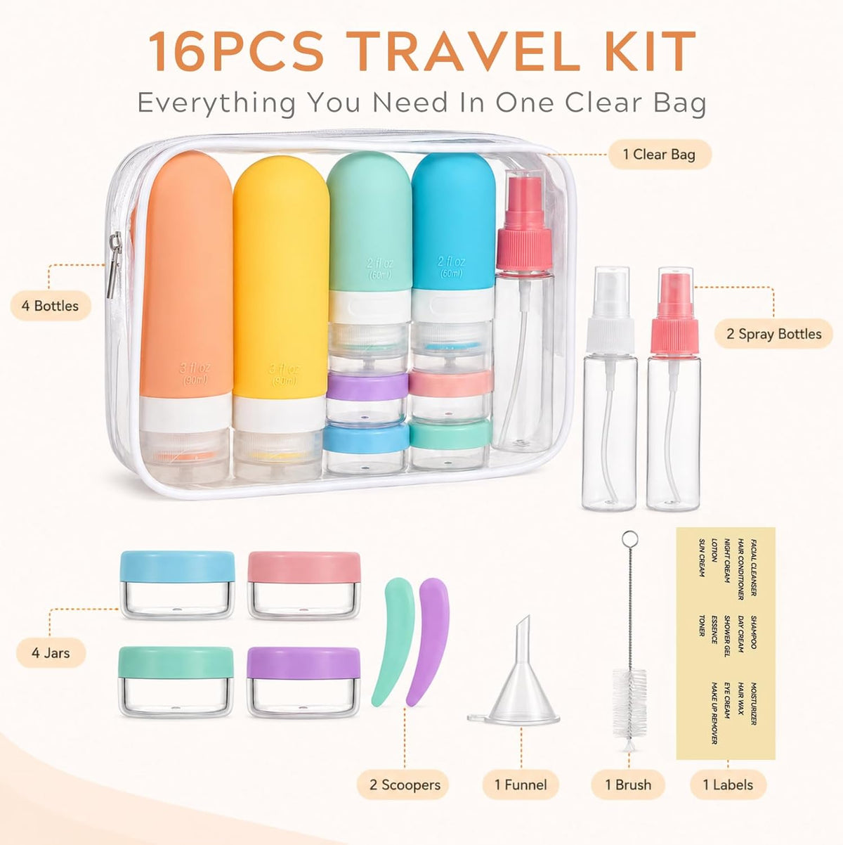 16Pcs Travel Bottles for Toiletries - TSA Approved Travel Bottles Set, Leak Proof Squeezable 3oz Portable Refillable Silicone Travel Bottles for Shampoo, Conditioner, Sprays, Clear Bag (Colorful)