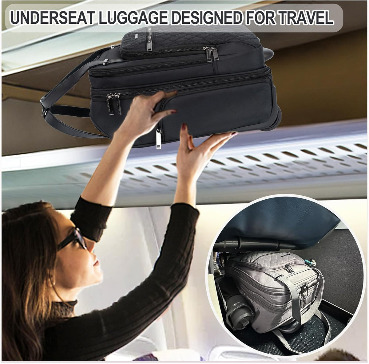 Underseat Carry On Wheeled - 16" Carry on Bag with Wheels Multi-functional Lightweight Rolling Bag Overnight Weekender Small Suitcase for Women Men Travel Business, Dusty Pink