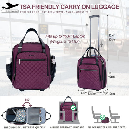 Underseat Carry On Wheeled - 16" Carry on Bag with Wheels Multi-functional Lightweight Rolling Bag Overnight Weekender Small Suitcase for Women Men Travel Business, Dusty Pink
