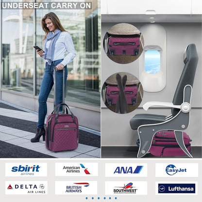 Underseat Carry On Wheeled - 16" Carry on Bag with Wheels Multi-functional Lightweight Rolling Bag Overnight Weekender Small Suitcase for Women Men Travel Business, Dusty Pink